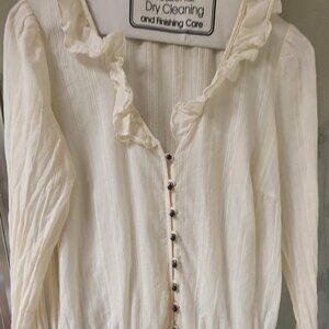 Zara Cream Cotton Button-Up Long Sleeve Blouse Size M